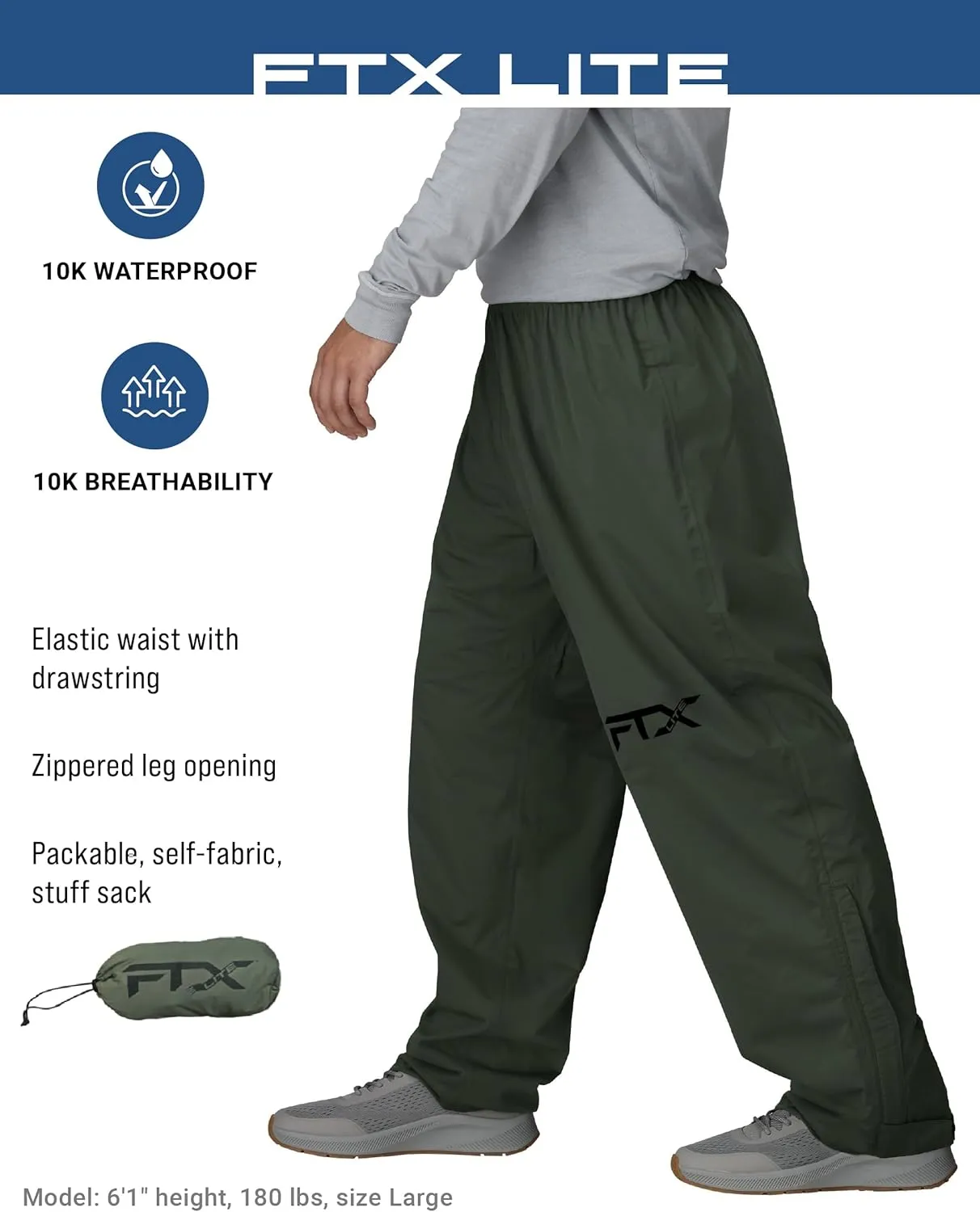 FROGG TOGGS Men's Ftx Lite Waterproof Rain Pant, Breathable, Comfort Stretch