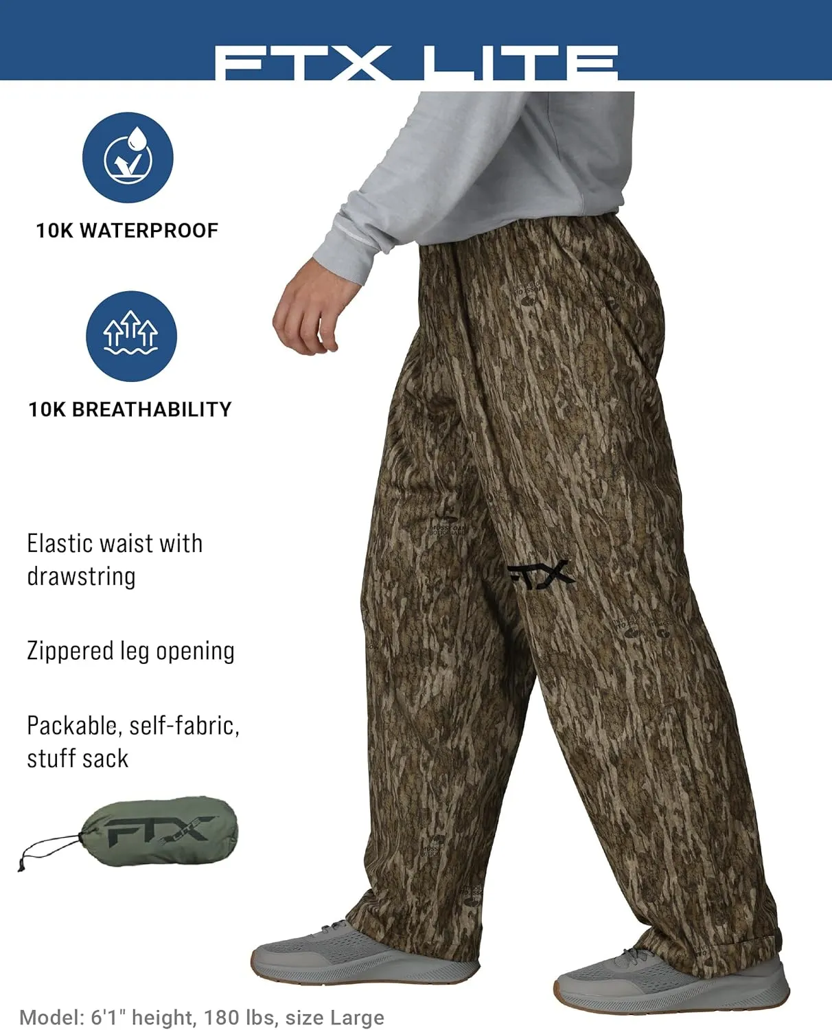 FROGG TOGGS Men's Ftx Lite Waterproof Rain Pant, Breathable, Comfort Stretch