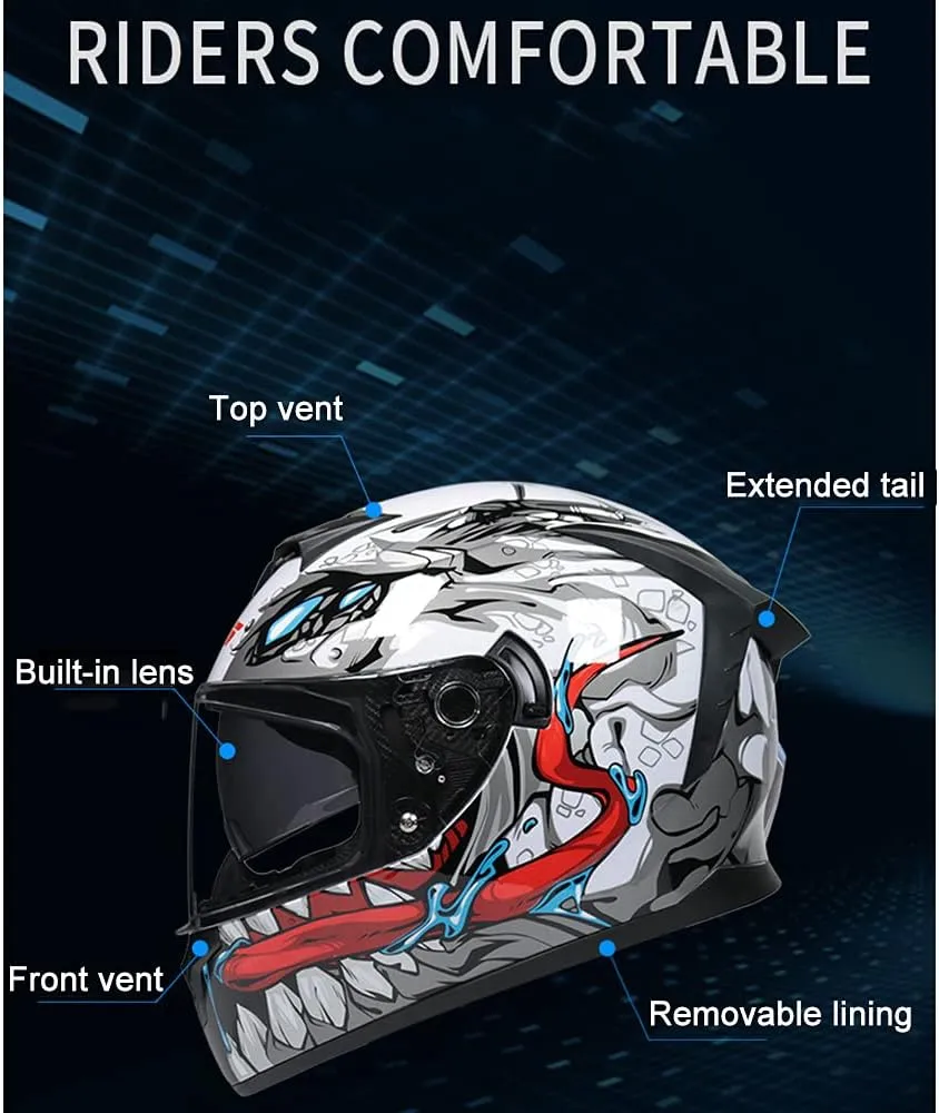 Full Face Motorcycle Helmet DOT Approved Motorbike Moped Street Bike Racing Crash Helmet, Men and Women