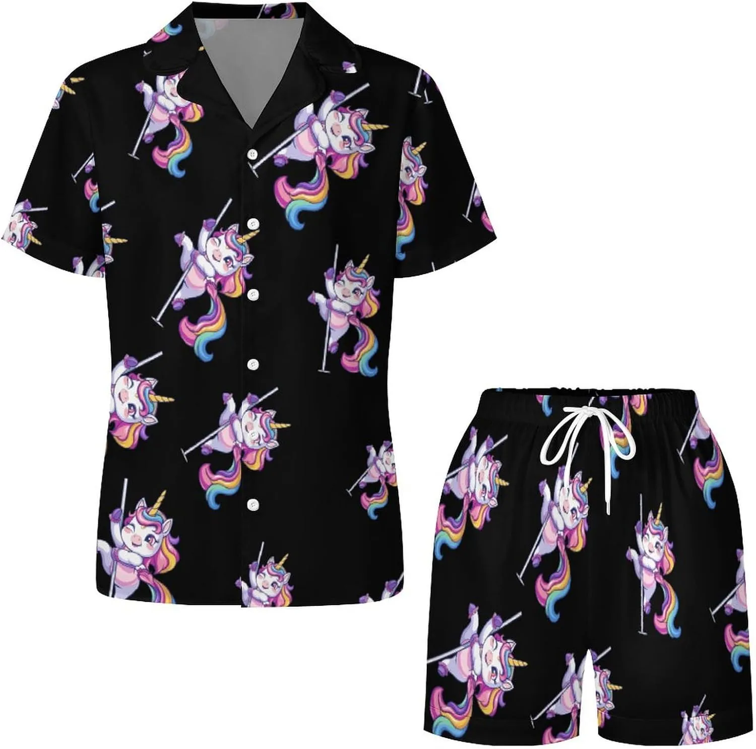 Funny Pole Dancing Unicorn Women's Satin Pajama Set Short Sleeve Button Down Sleepwear Loungewear Pj Set