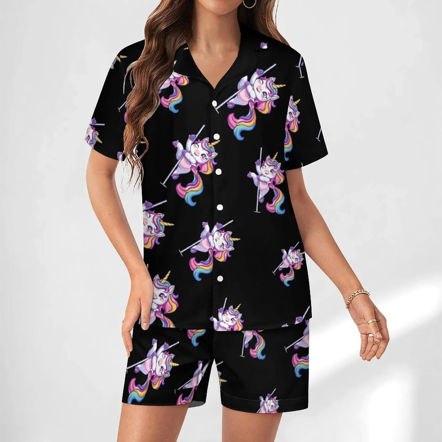Funny Pole Dancing Unicorn Women's Satin Pajama Set Short Sleeve Button Down Sleepwear Loungewear Pj Set