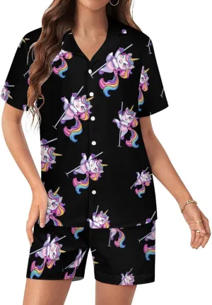 Funny Pole Dancing Unicorn Women's Satin Pajama Set Short Sleeve Button Down Sleepwear Loungewear Pj Set