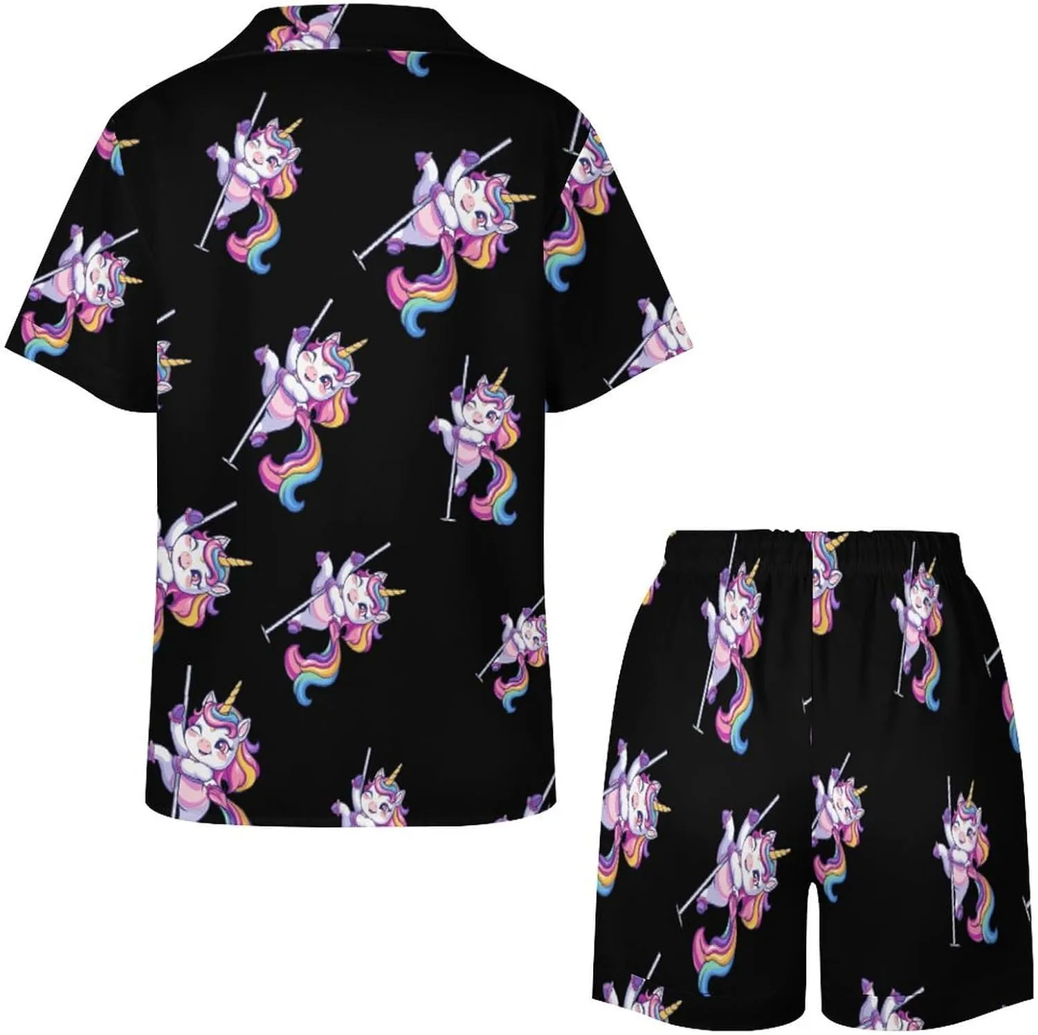 Funny Pole Dancing Unicorn Women's Satin Pajama Set Short Sleeve Button Down Sleepwear Loungewear Pj Set