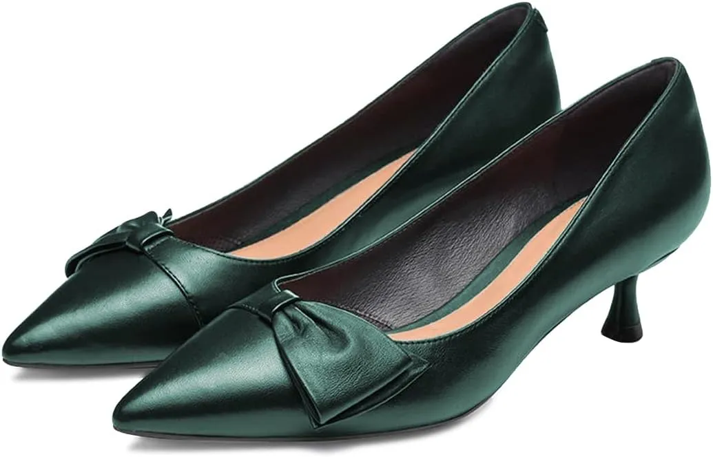 FYS Women Classic Closed Pointed Toe Low Kitten Heel Pumps with Bow Slip on Dress Office Work Daily Shoes Size 4-15 US