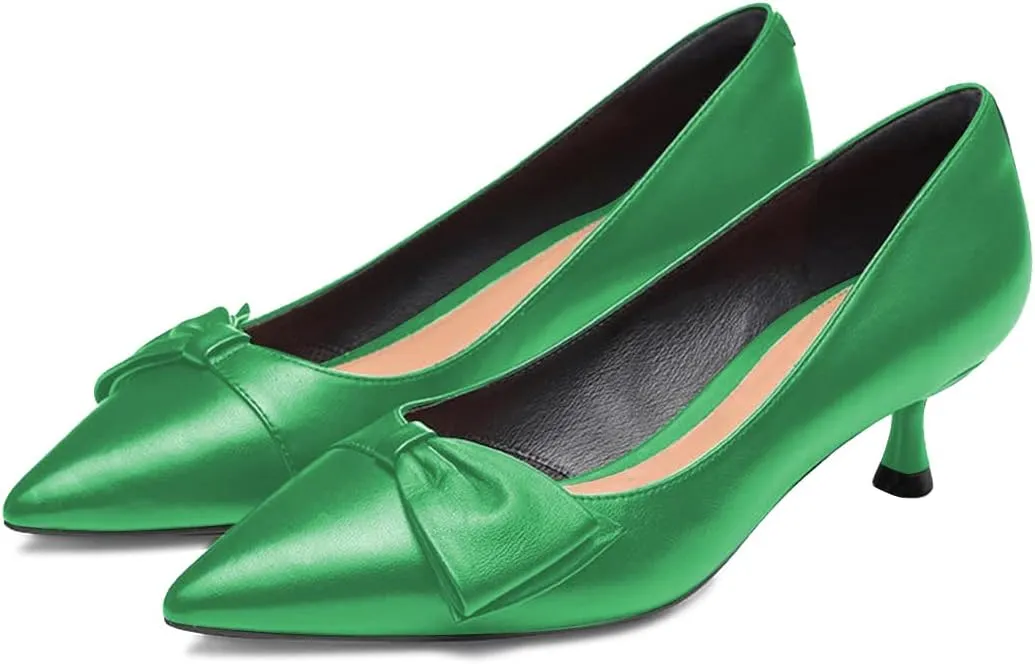 FYS Women Classic Closed Pointed Toe Low Kitten Heel Pumps with Bow Slip on Dress Office Work Daily Shoes Size 4-15 US