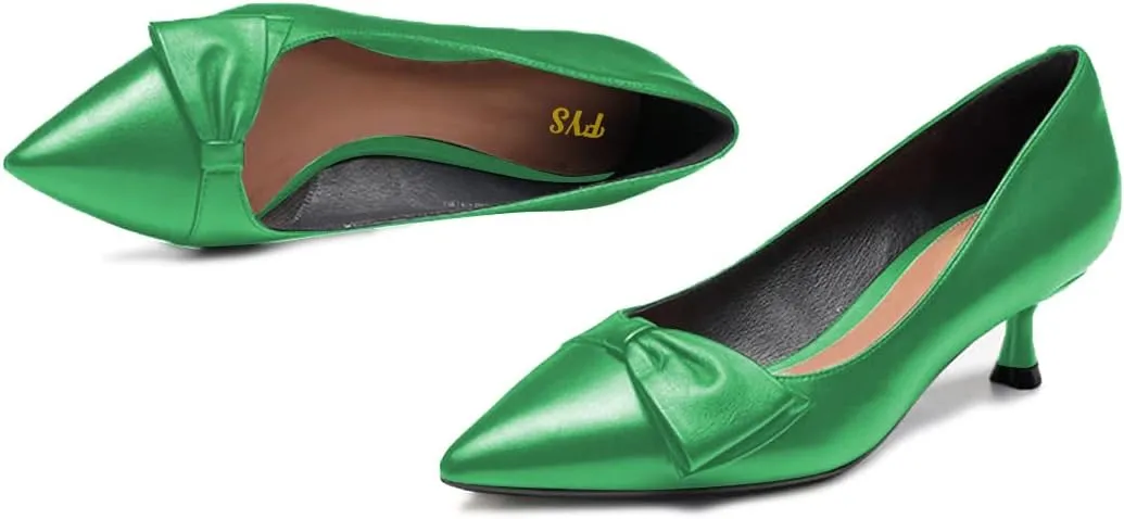 FYS Women Classic Closed Pointed Toe Low Kitten Heel Pumps with Bow Slip on Dress Office Work Daily Shoes Size 4-15 US