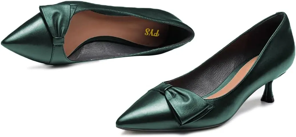 FYS Women Classic Closed Pointed Toe Low Kitten Heel Pumps with Bow Slip on Dress Office Work Daily Shoes Size 4-15 US