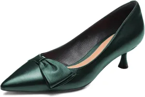 FYS Women Classic Closed Pointed Toe Low Kitten Heel Pumps with Bow Slip on Dress Office Work Daily Shoes Size 4-15 US