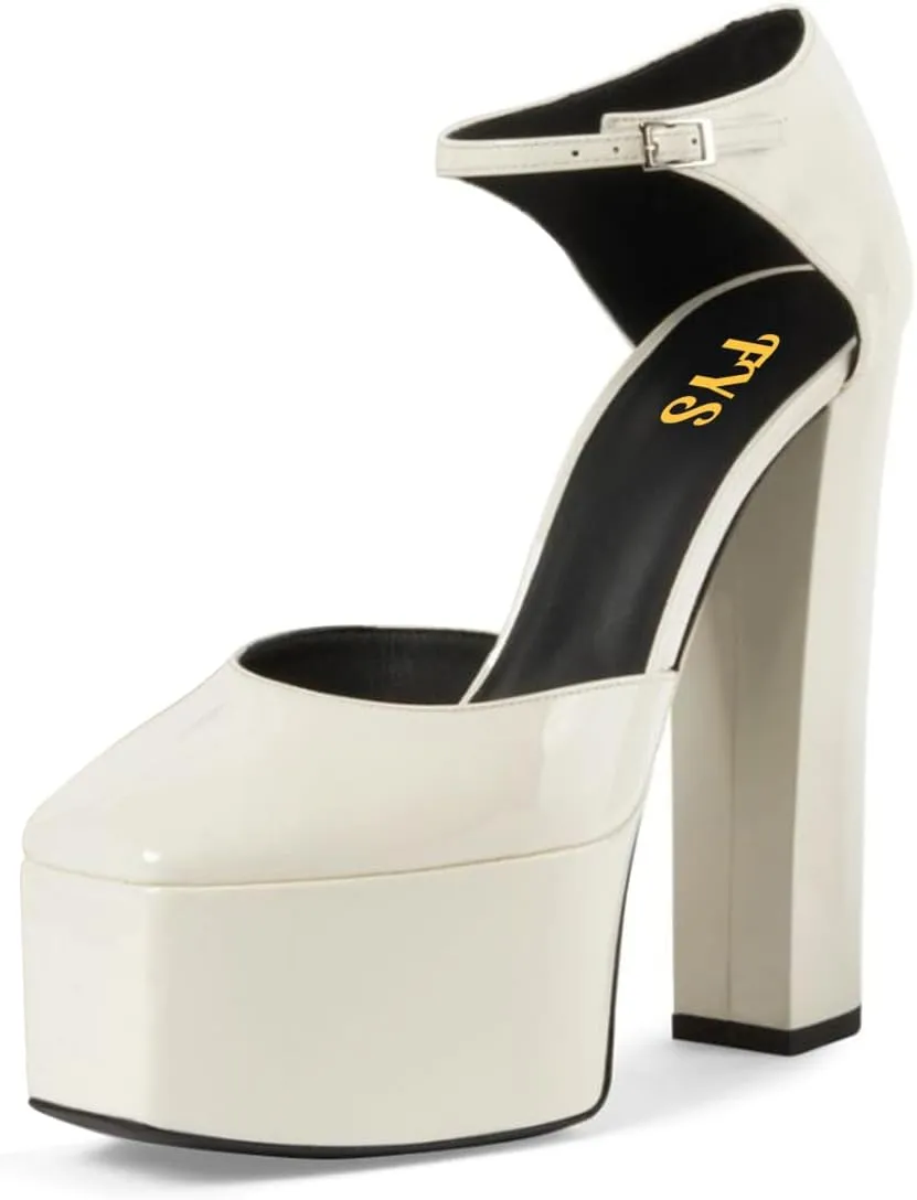 FYS Women Platform Square Toe Pumps Ankle Strap Chunky Block High Heel D'orsays Sexy Party Fashion Show Shoes Size 4-16 US