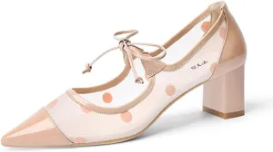 FYS Women Pointed Toe Polka Dots Pumps Self-Tie Bow Block Chunky Mid Heels Sexy Transparent Dressy Prom Shoes Size 4-15 US