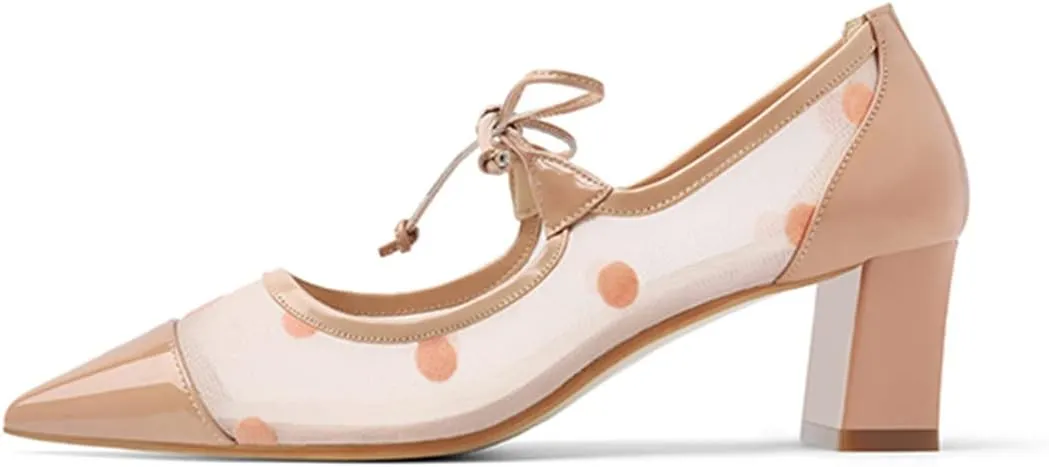FYS Women Pointed Toe Polka Dots Pumps Self-Tie Bow Block Chunky Mid Heels Sexy Transparent Dressy Prom Shoes Size 4-15 US
