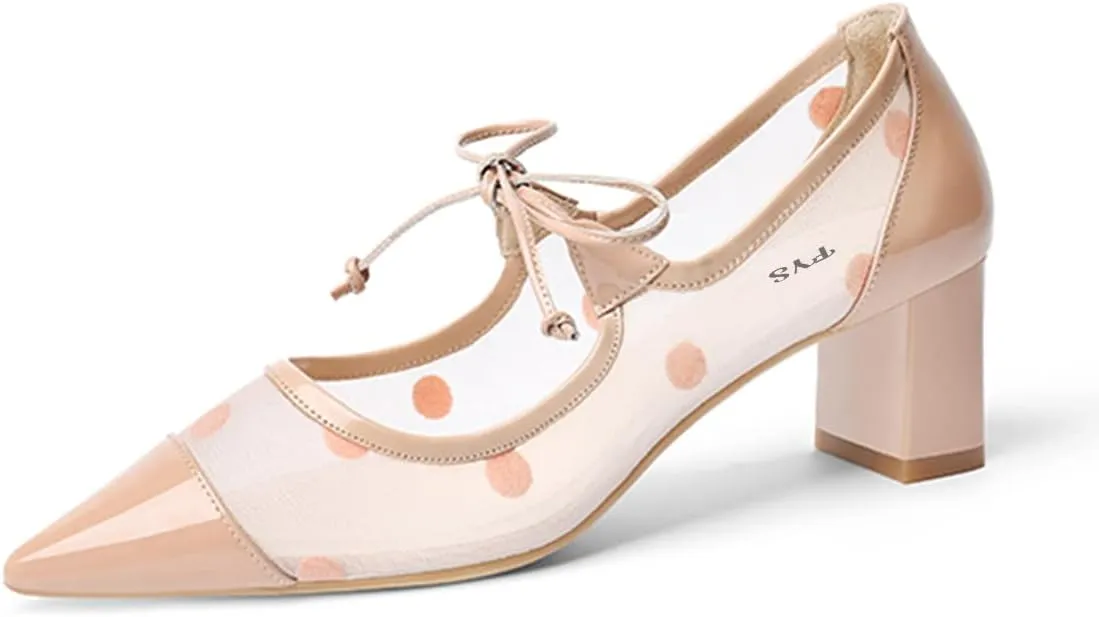 FYS Women Pointed Toe Polka Dots Pumps Self-Tie Bow Block Chunky Mid Heels Sexy Transparent Dressy Prom Shoes Size 4-15 US