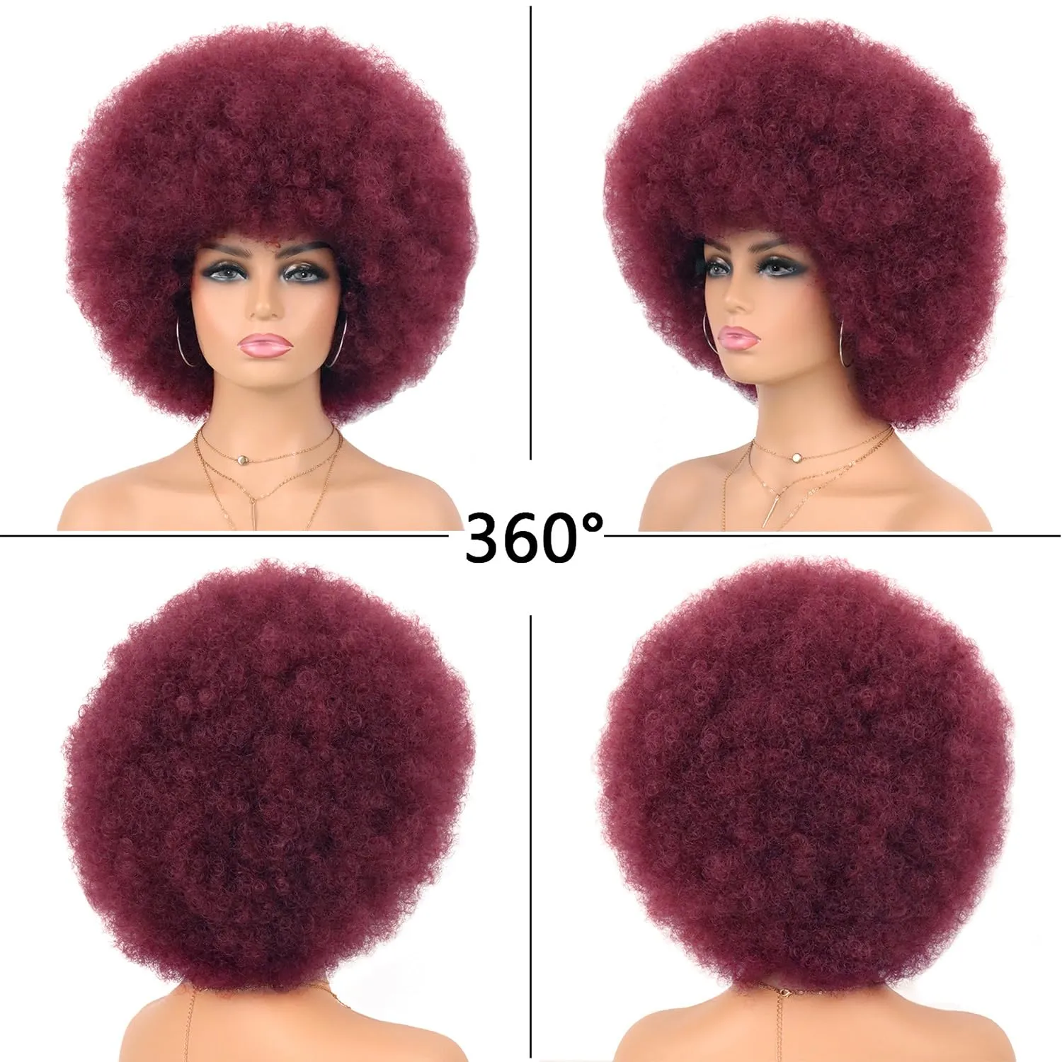 G&T 70s Afro Wig - Short, Colored Afro Puff, Glueless, Heat Resistant, Wine Red