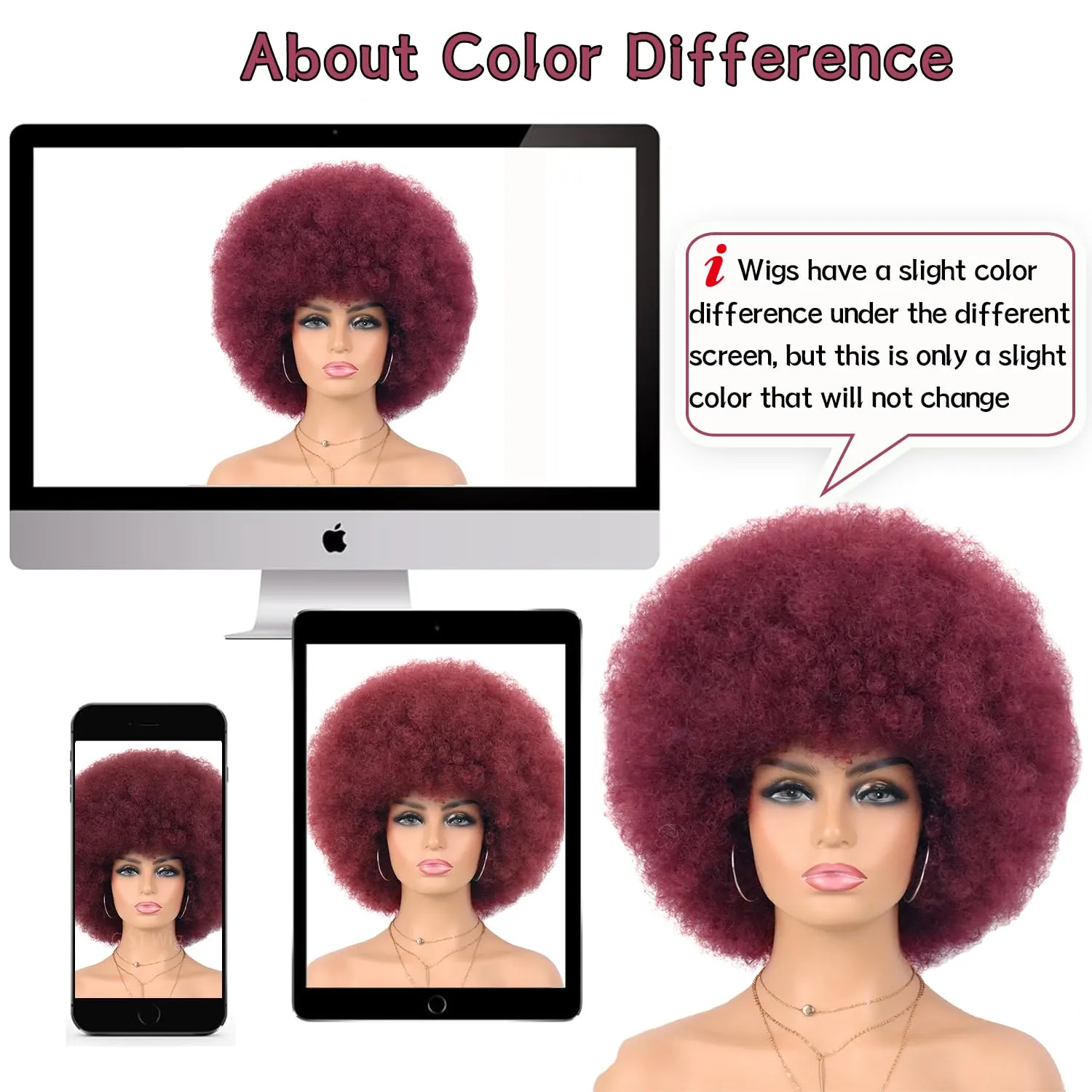 G&T Wig 70s Afro Wig Short Colored Afro Puff 70s Costume Cosplay Party Fun Wigs Short Fluffy Natural Looking Heat Resistant Wig (Wine Red)