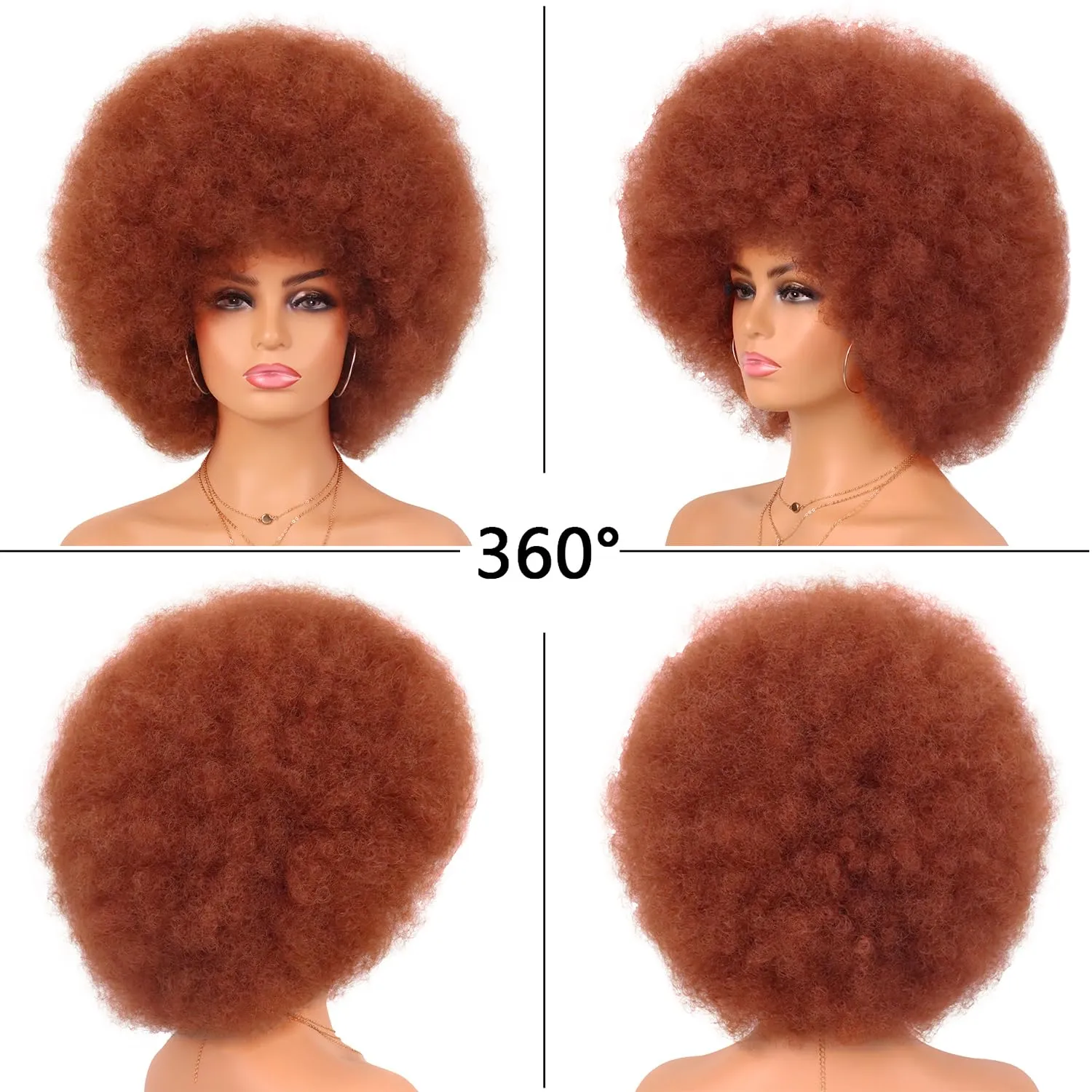 G&T Wig 70s Auburn Afro Wigs for Women Glueless Wear and Go Wig Short Afro Kinky Curly Wig with Bangs Heat Resistant Bouncy Synthetic Costume Cosplay Party Wig