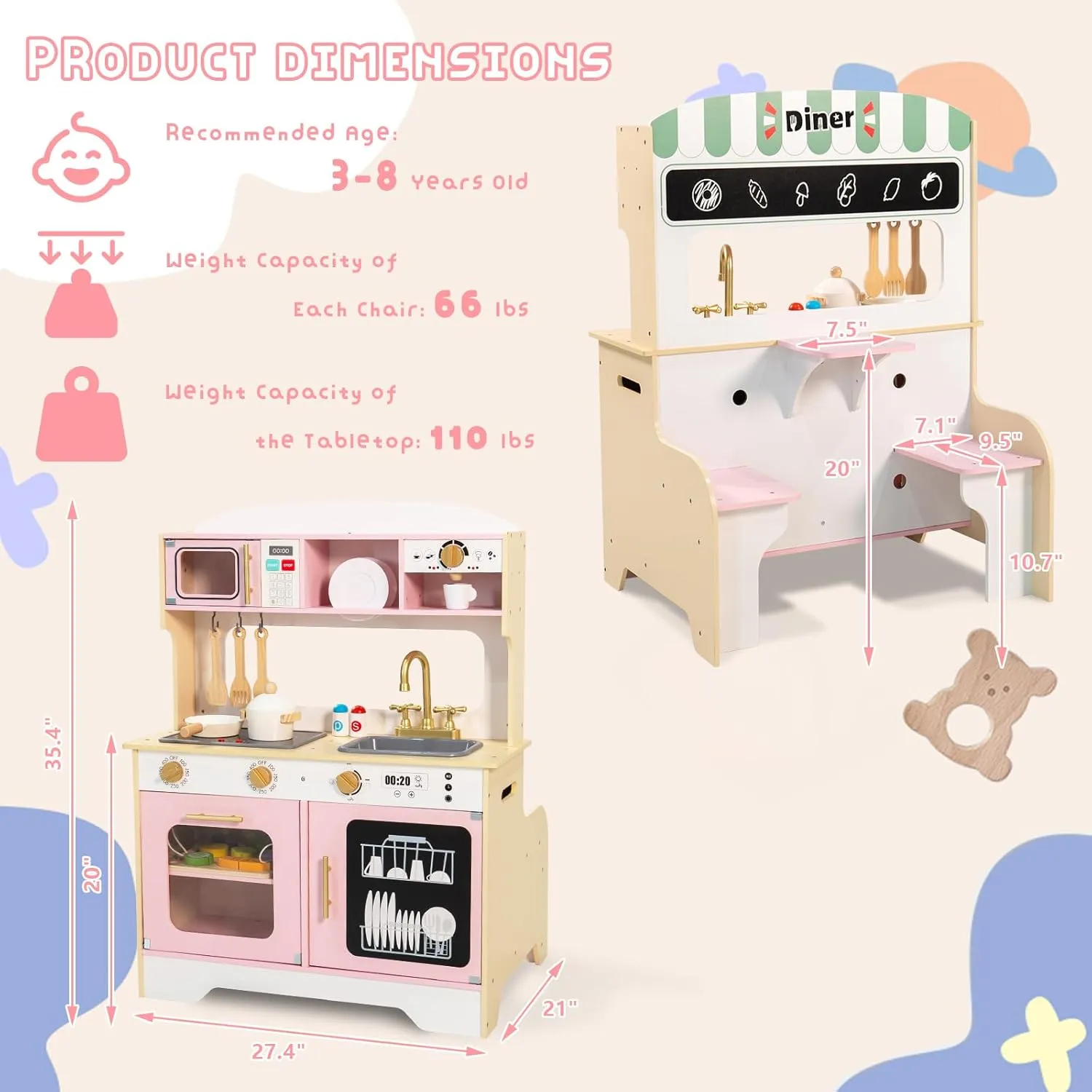 Garsing Toy Kitchen Playset with Real Sounds and Lights, Double Sided Kids Kitchen Playset with Restaurant, Wooden Play Kitchen with Cutting Food Set and Cooking Accessories for Kids Ages 3-8, Pink