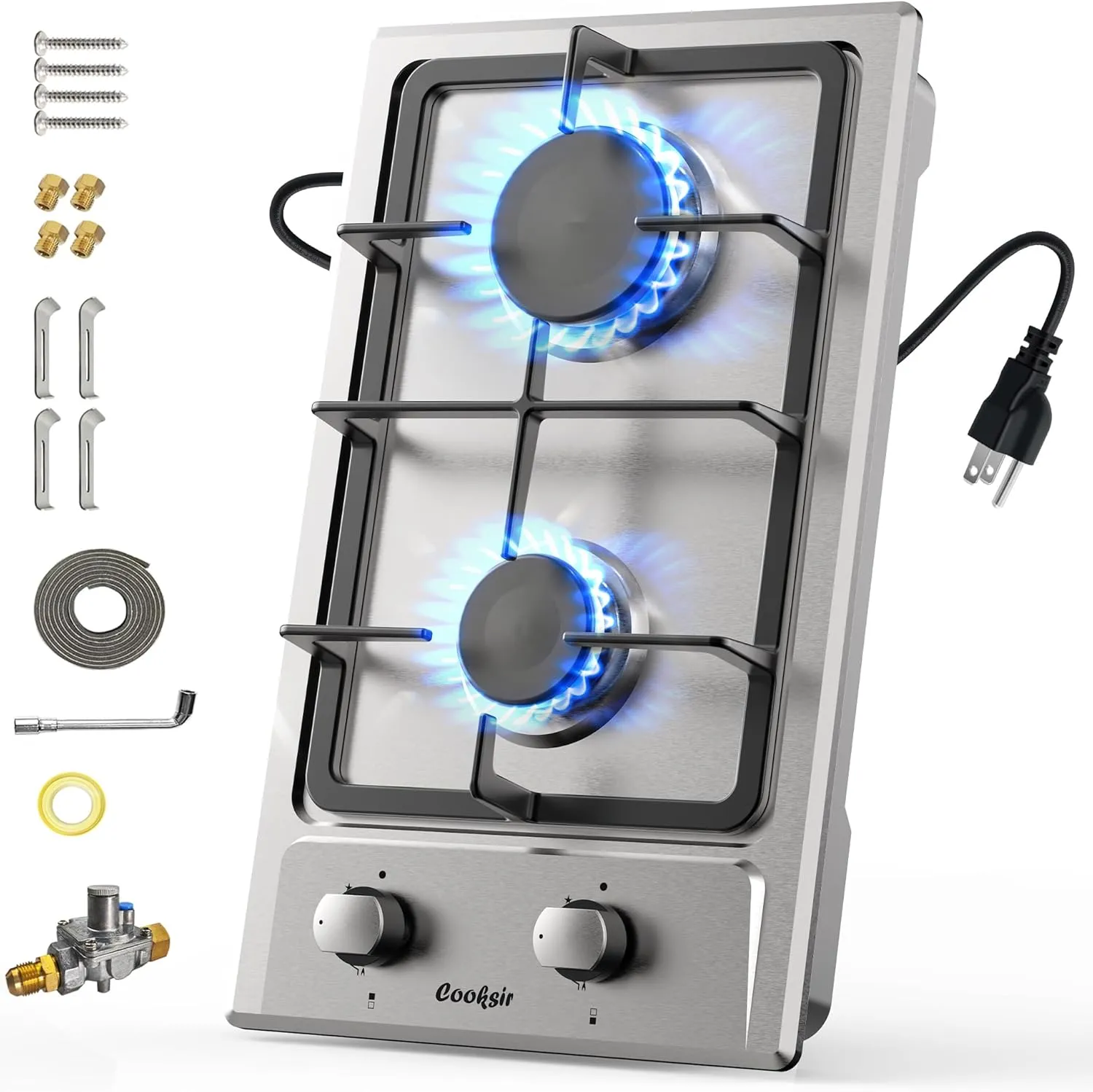 Gas Cooktop 2 Burner - 12 Inch Built-in 2 Burner Propane Stove, NG/LPG Convertible Stainless Steel Gas Stovetop with Flame Out Protection for Apartment, Kitchen, RV, Dorms, 110V Plug in
