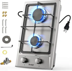Gas Cooktop 2 Burner - 12 Inch Built-in 2 Burner Propane Stove, NG/LPG Convertible Stainless Steel Gas Stovetop with Flame Out Protection for Apartment, Kitchen, RV, Dorms, 110V Plug in