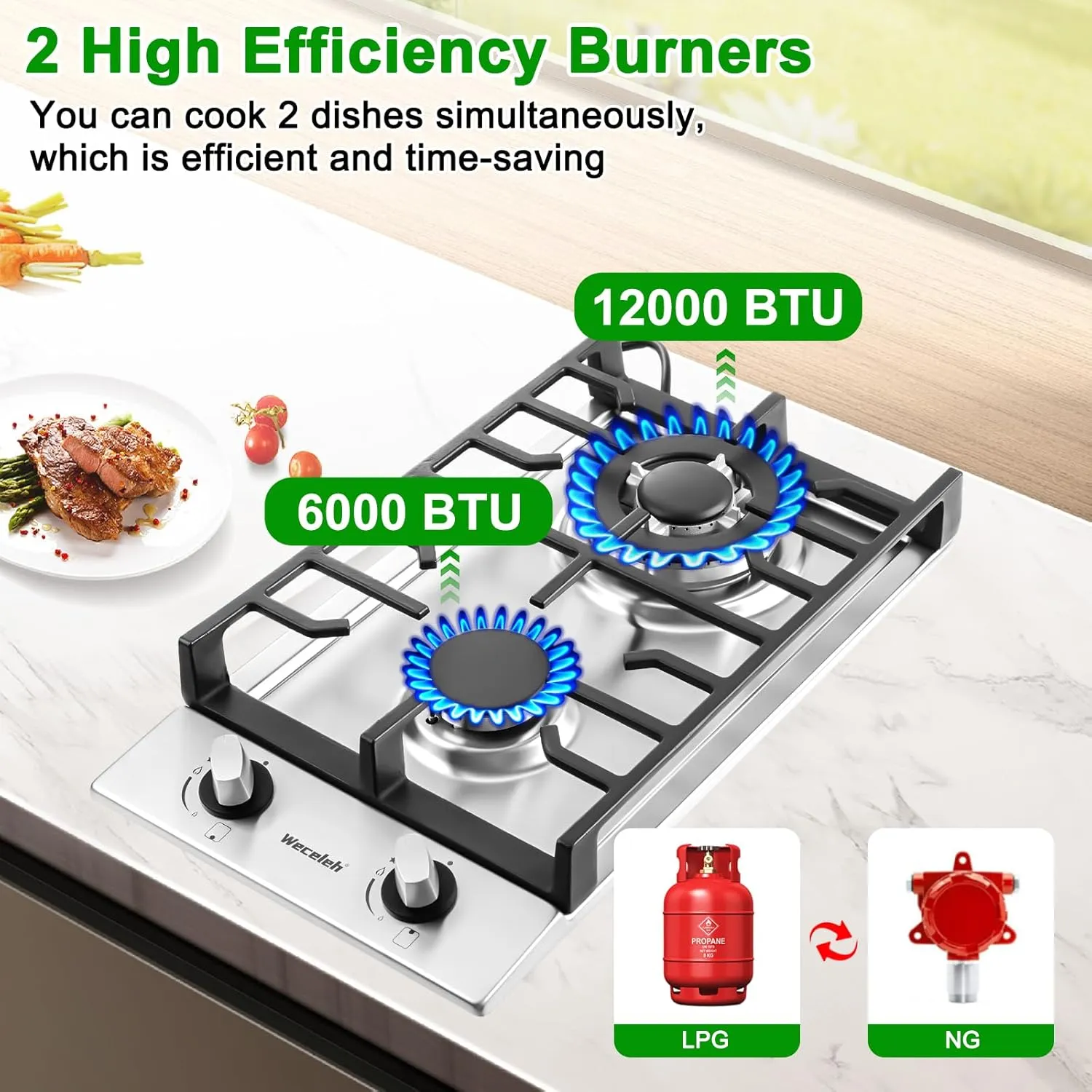 Gas Cooktop Stove Built-in Gas Stove Top,LPG/NG Dual Fuel Continuous Grates,Auto Ignition,Thermocouple Protection,Stainless Steel,Heavy Duty Cast Iron 120V (12 inch)