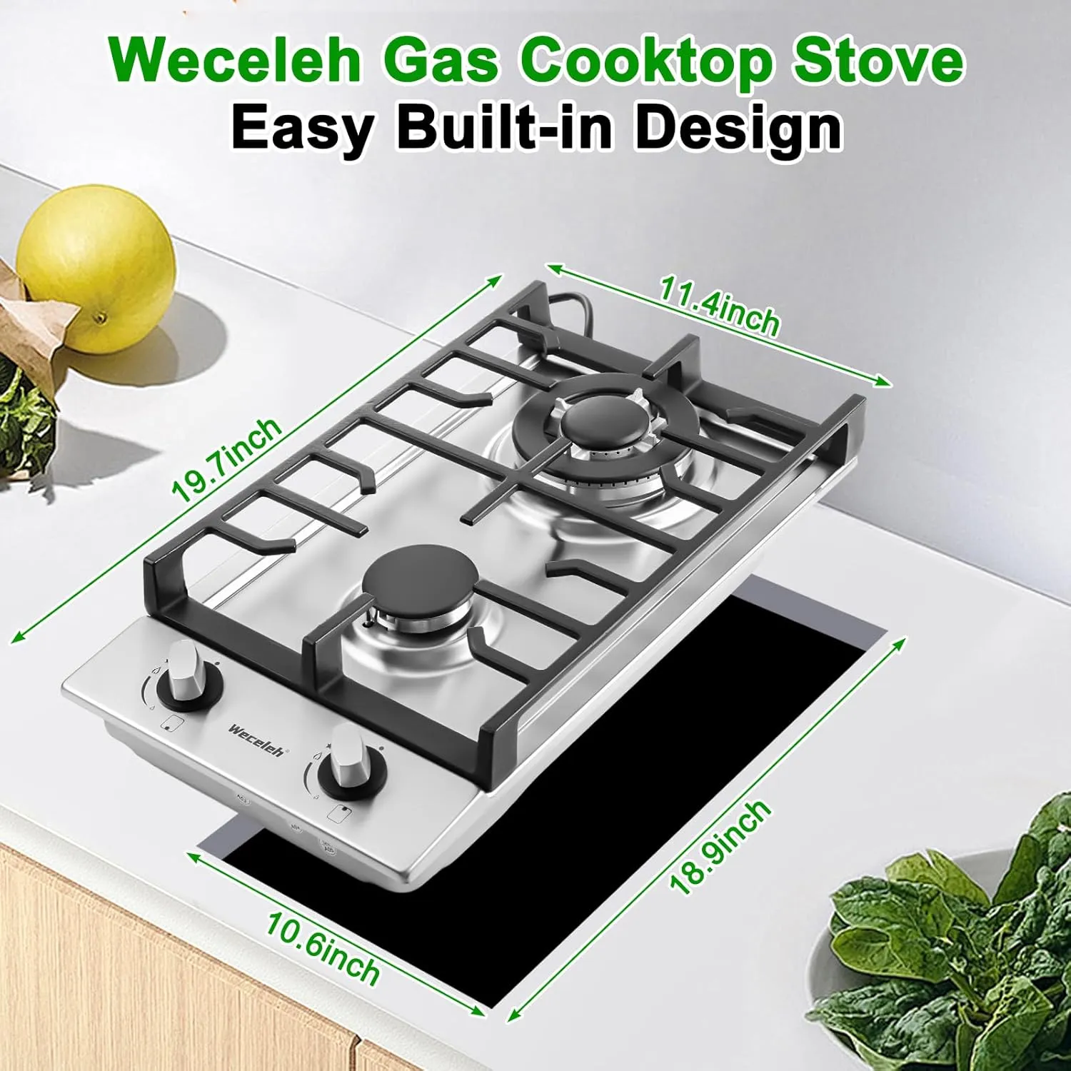 Gas Cooktop Stove Built-in Gas Stove Top,LPG/NG Dual Fuel Continuous Grates,Auto Ignition,Thermocouple Protection,Stainless Steel,Heavy Duty Cast Iron 120V (12 inch)