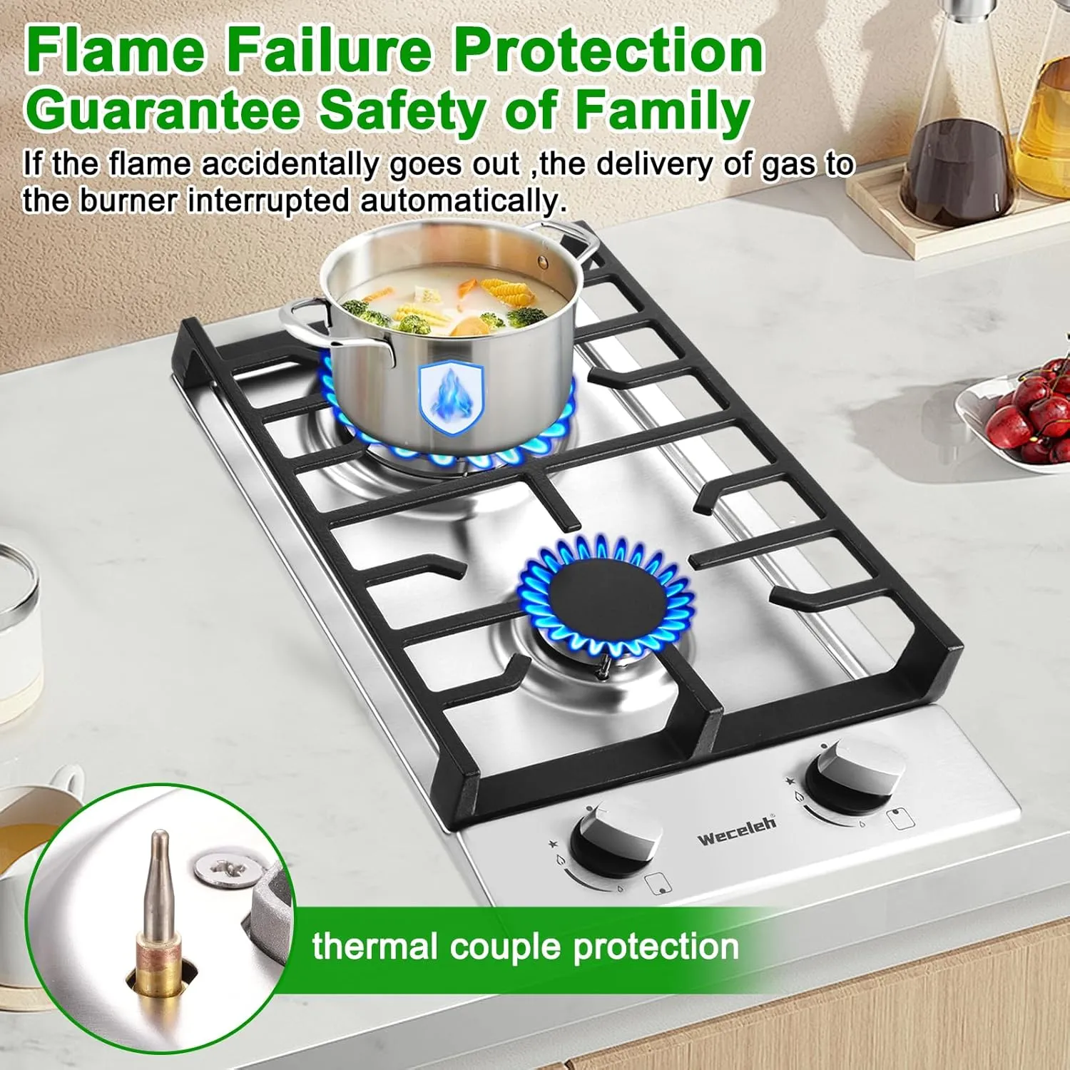 Gas Cooktop Stove Built-in Gas Stove Top,LPG/NG Dual Fuel Continuous Grates,Auto Ignition,Thermocouple Protection,Stainless Steel,Heavy Duty Cast Iron 120V (12 inch)