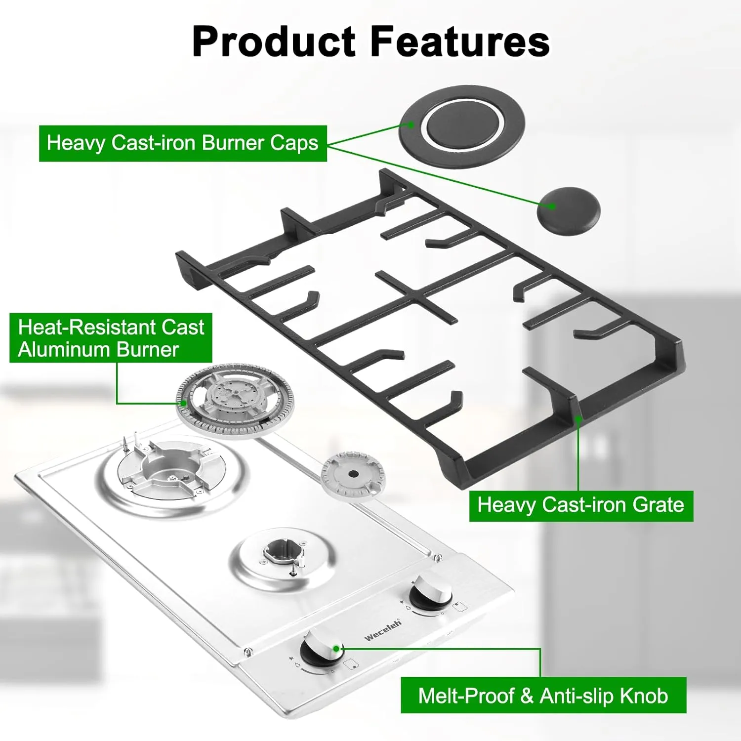 Gas Cooktop Stove Built-in Gas Stove Top,LPG/NG Dual Fuel Continuous Grates,Auto Ignition,Thermocouple Protection,Stainless Steel,Heavy Duty Cast Iron 120V (12 inch)