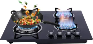 Gas Stove Top 23 Inch Built-in Gas Cooktop 4 Burner with Plug-In Igniter Black Tempered Glass Dual Burners Propane Cooktop for Homes, Hotels, Restaurants