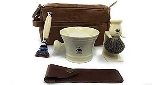 G.B.S Men's Deluxe Grooming Ivory Set- 5 Blade Razor with Travel Case, Synthetic Bristle Brush and Stand, 4.5in Diameter Ceramic Mug, Mesh Toiletry Travel Bag ahd Natural Glycerin Shave Soap