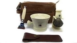 G.B.S Men's Deluxe Grooming Ivory Set- 5 Blade Razor with Travel Case, Synthetic Bristle Brush and Stand, 4.5in Diameter Ceramic Mug, Mesh Toiletry Travel Bag ahd Natural Glycerin Shave Soap