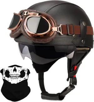 German Style Leather Motorcycle Half Helmet for Adults Men Women, DOT Approved Vintage Cap Half Face Shell Motorcycle Helmets for Cruiser Chopper Goggles