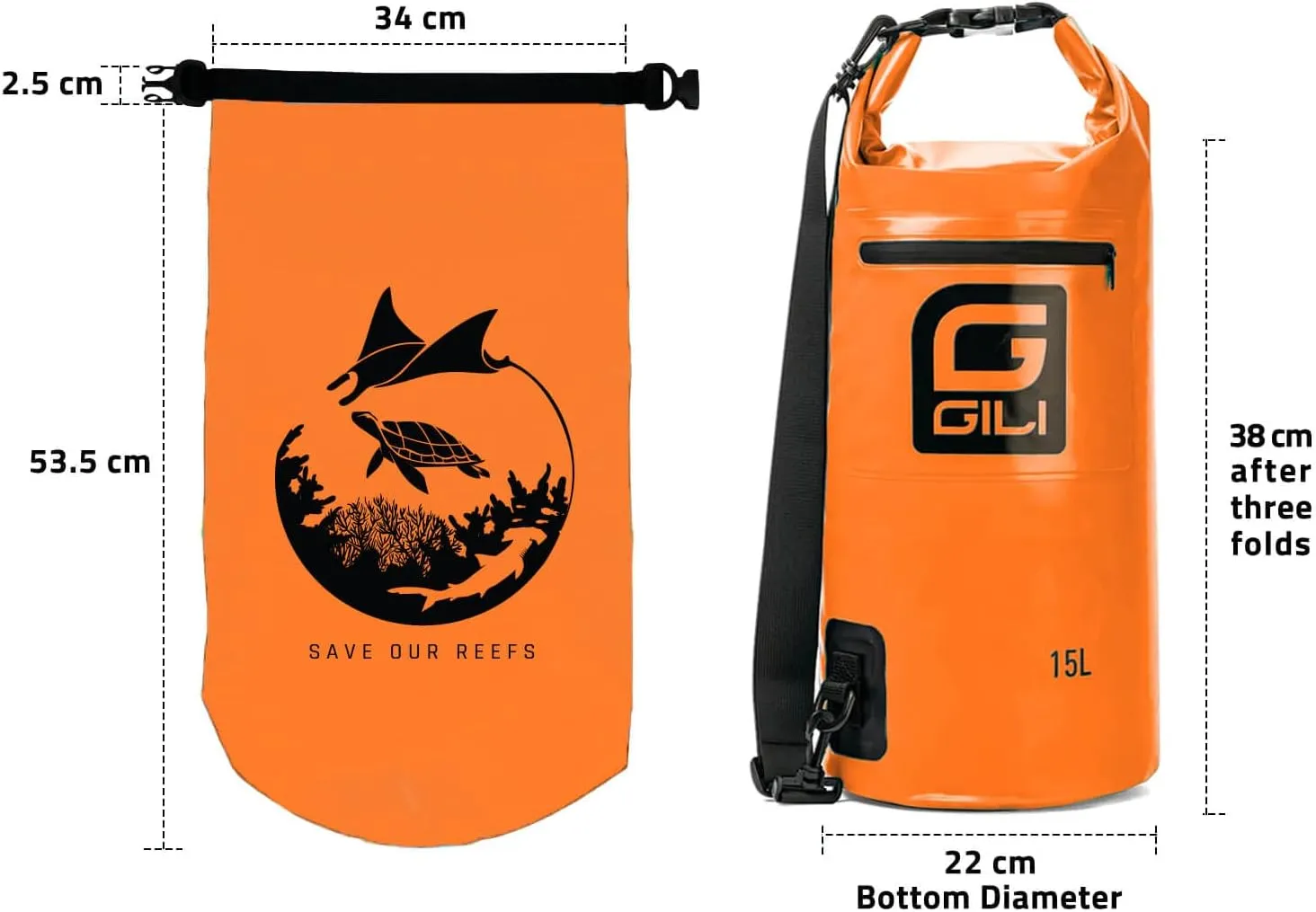 GILI Waterproof Dry Bag, Roll Top Compression Sack Keeps Gear for Paddle Boarding, Kayaking, Beach, Boating and Hiking (Orange, 15L)