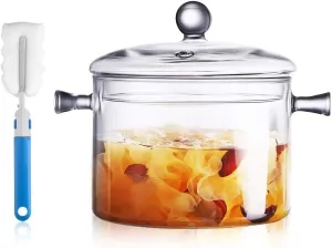 Glass Saucepan with Cover- 1.5 Liter/50oz Handmade Glass Pot with handle, Heat Resistant Cooking Pot/Pan Cookware for Soup, Pasta,& Baby Food