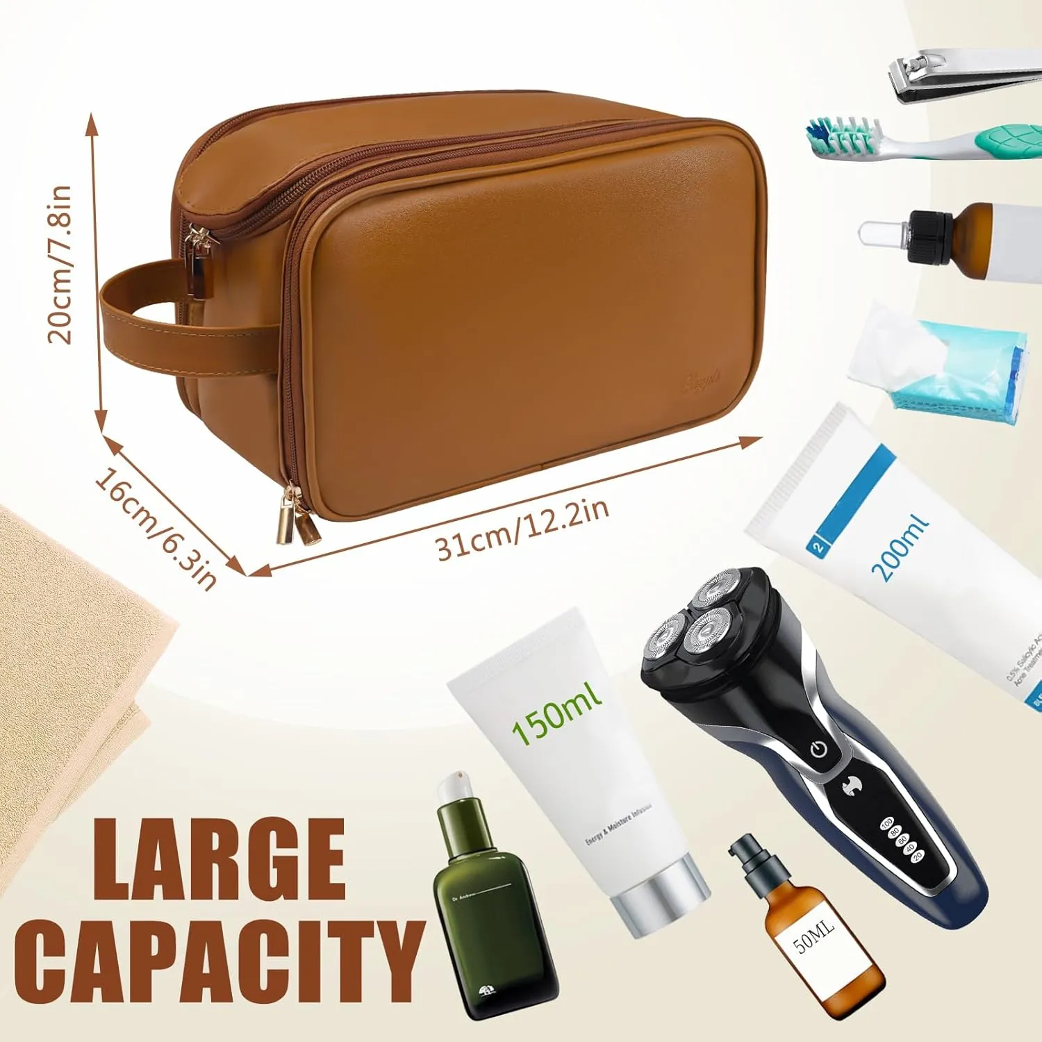 Gloppie Premium PU Leather Travel Toiletry Bag for Men & Women - Waterproof, Lightweight Shaving Dopp Kit with Trolley Sleeve & Razor Organizer, Makeup Travel Bag for Business, Gym, Daily Use (Brown)