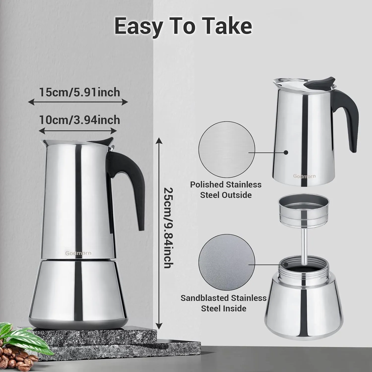 Godmorn Stovetop Espresso Maker, Moka Pot, Percolator Italian Coffee Maker, 600ml/20oz/12 cup (espresso cup=50ml), Classic Cafe Maker, stainless steel, suitable for induction cookers