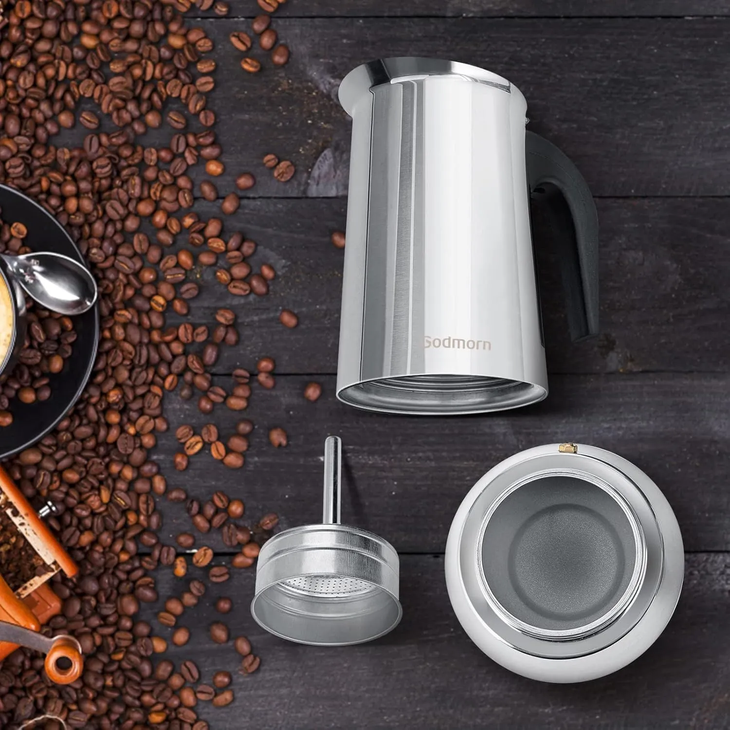 Godmorn Stovetop Espresso Maker, Moka Pot, Percolator Italian Coffee Maker, 600ml/20oz/12 cup (espresso cup=50ml), Classic Cafe Maker, stainless steel, suitable for induction cookers
