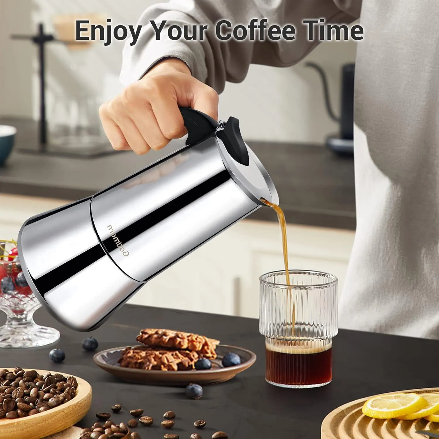 Godmorn Stovetop Espresso Maker, Moka Pot, Percolator Italian Coffee Maker, 600ml/20oz/12 cup (espresso cup=50ml), Classic Cafe Maker, stainless steel, suitable for induction cookers