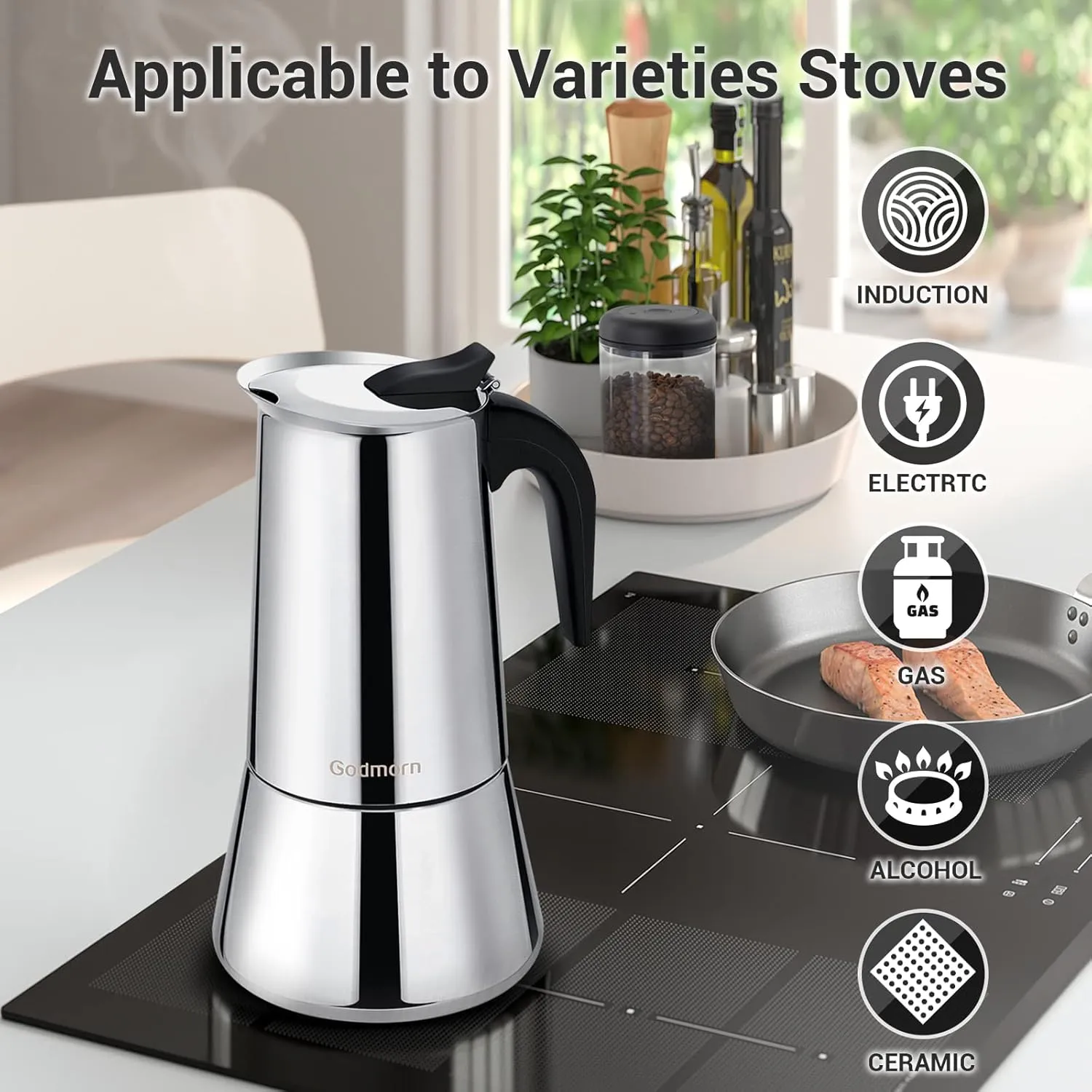 Godmorn Stovetop Espresso Maker, Moka Pot, Percolator Italian Coffee Maker, 600ml/20oz/12 cup (espresso cup=50ml), Classic Cafe Maker, stainless steel, suitable for induction cookers
