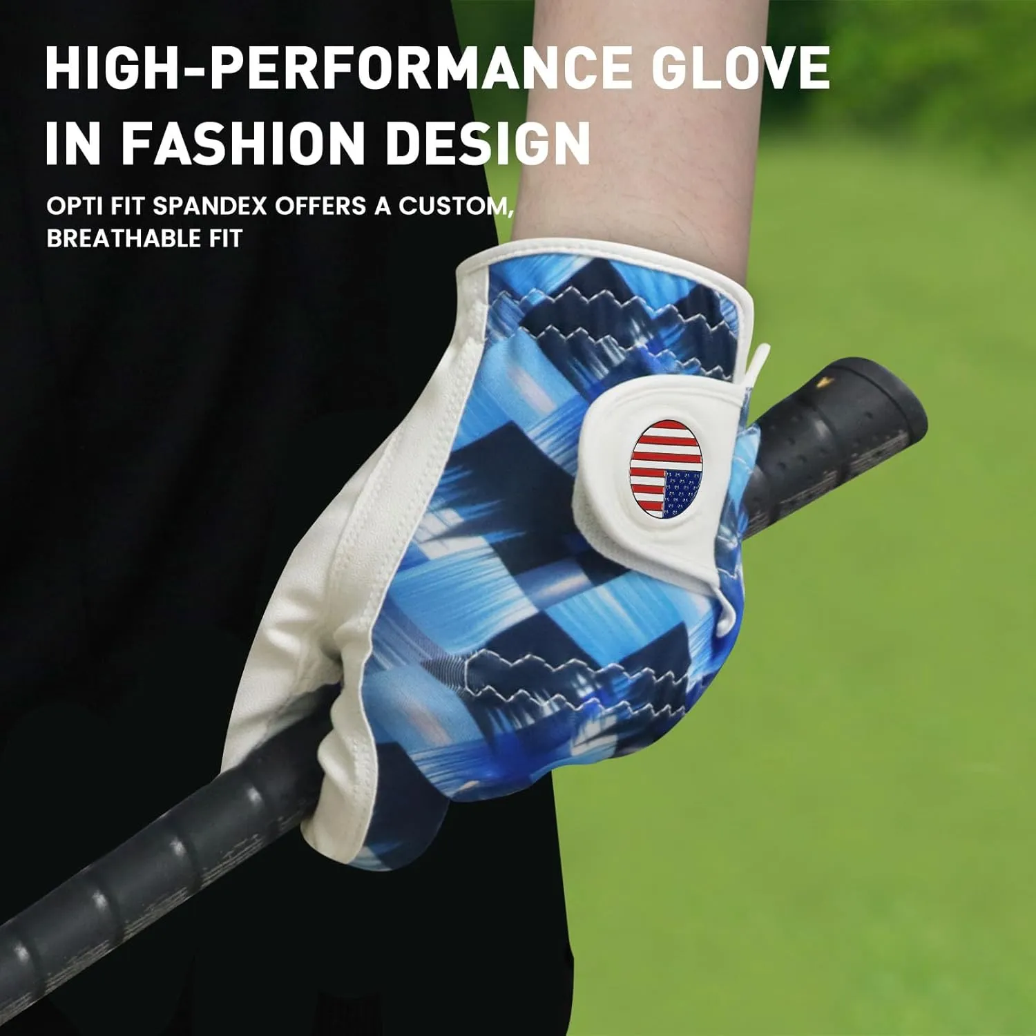 Golf Gloves Men Right Hand Left with Ball Marker USA Flag Blue Camo Plaid 3 Pack, Mens Golf Glove All Weather Grip Small Medium ML Large XL