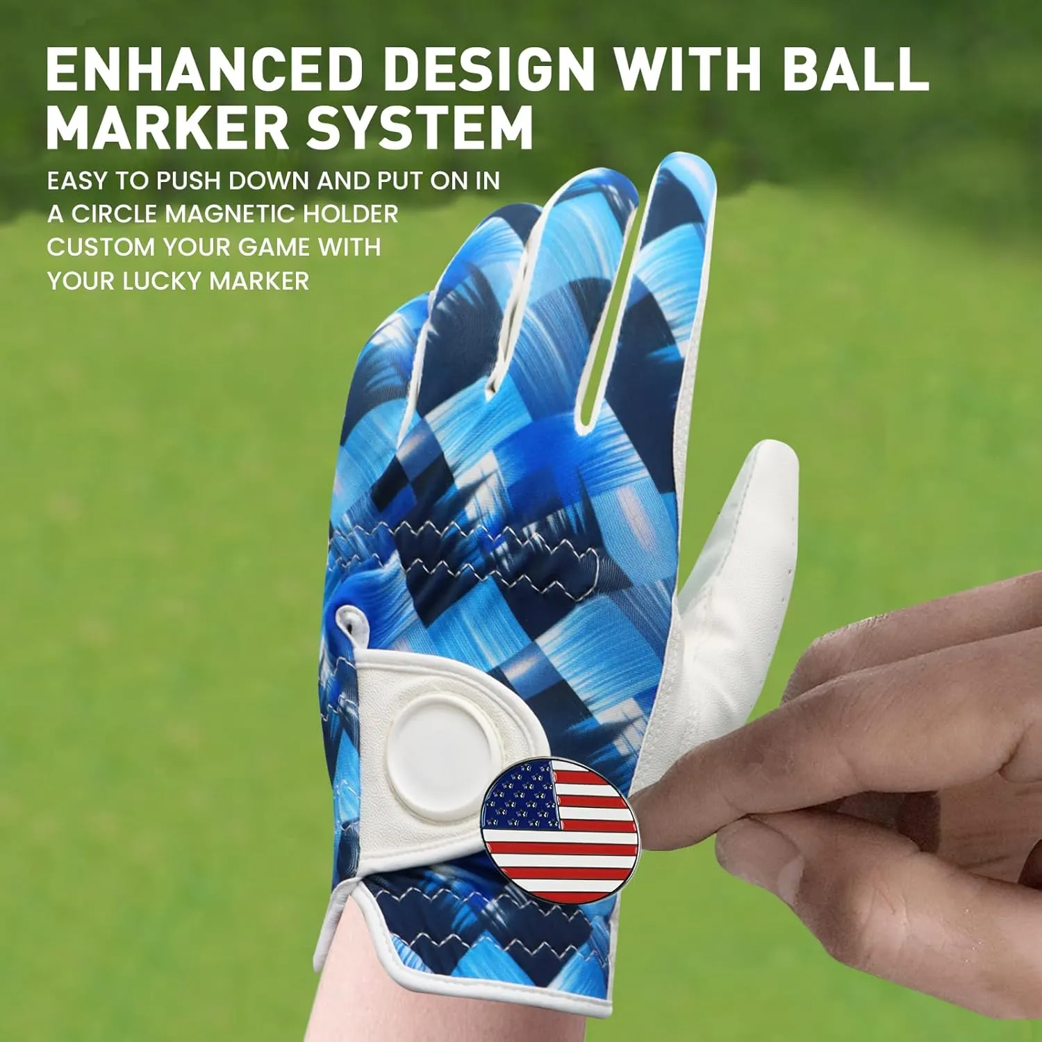 Golf Gloves Men Right Hand Left with Ball Marker USA Flag Blue Camo Plaid 3 Pack, Mens Golf Glove All Weather Grip Small Medium ML Large XL
