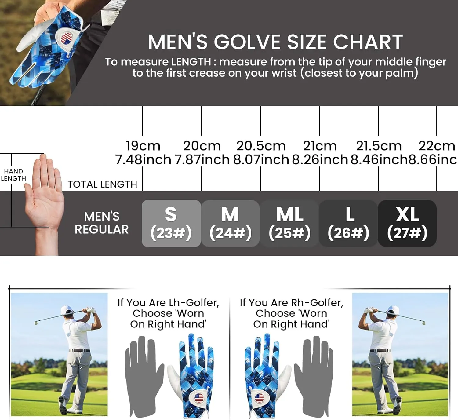 Golf Gloves Men Right Hand Left with Ball Marker USA Flag Blue Camo Plaid 3 Pack, Mens Golf Glove All Weather Grip Small Medium ML Large XL