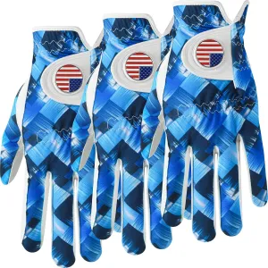 Golf Gloves Men Right Hand Left with Ball Marker USA Flag Blue Camo Plaid 3 Pack, Mens Golf Glove All Weather Grip Small Medium ML Large XL