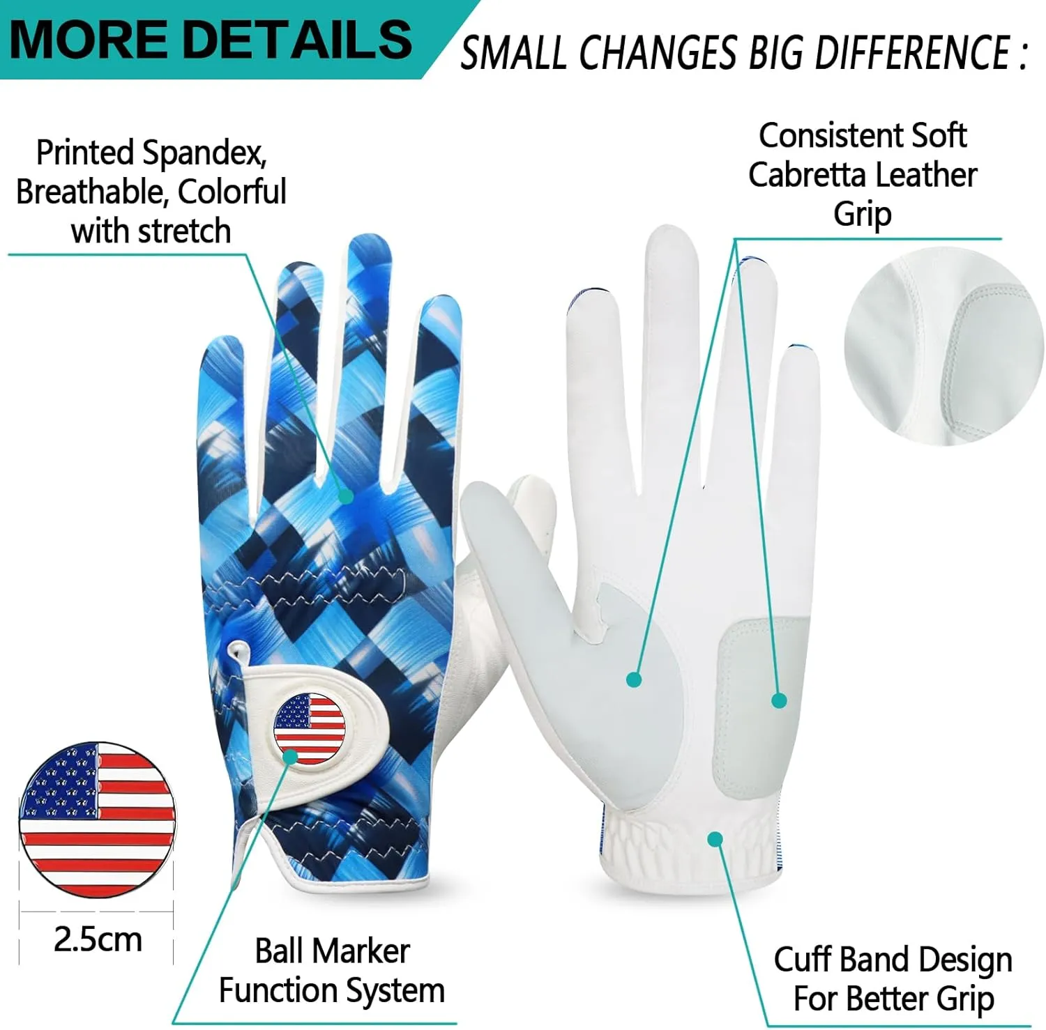 Golf Gloves Men Right Hand Left with Ball Marker USA Flag Blue Camo Plaid 3 Pack, Mens Golf Glove All Weather Grip Small Medium ML Large XL