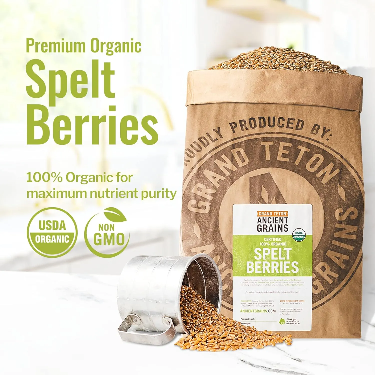 Grand Teton Ancient Grains - 100% Organic Spelt Berries, Whole Unmilled Spelt Berries, US-Grown Farro Organic Grain, Nutritious Baking Staple, Whole Grain Spelt in Brown Paper Bag, 25 lbs