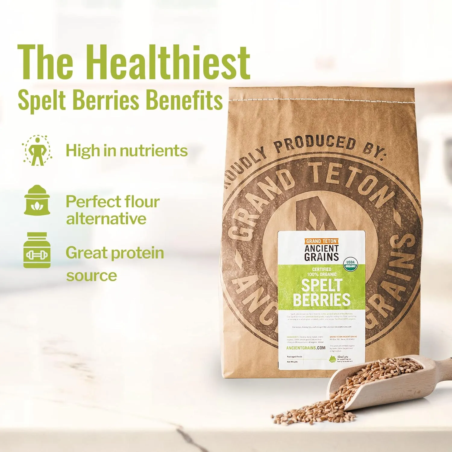 Grand Teton Ancient Grains - 100% Organic Spelt Berries, Whole Unmilled Spelt Berries, US-Grown Farro Organic Grain, Nutritious Baking Staple, Whole Grain Spelt in Brown Paper Bag, 25 lbs