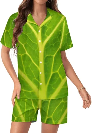 Green Cabbage Leaf Silk Women Pajama Set Short Sleeve Comfy Pjs Sets 2 Piece Lounge Set