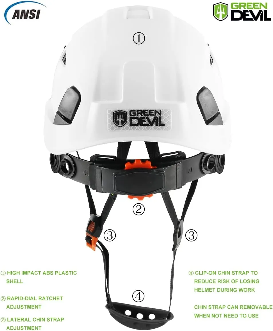 GREEN DEVIL Safety Helmet Hard Hat Adjustable Lightweight Vented ABS Work Helmet 6-Point Suspension ANSI Z89.1 Approved Ideal for Industrial & Construction