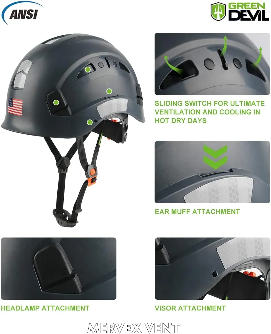 GREEN DEVIL Safety Helmet Hard Hat Adjustable Lightweight Vented ABS Work Helmet 6-Point Suspension ANSI Z89.1 Approved Ideal for Industrial & Construction