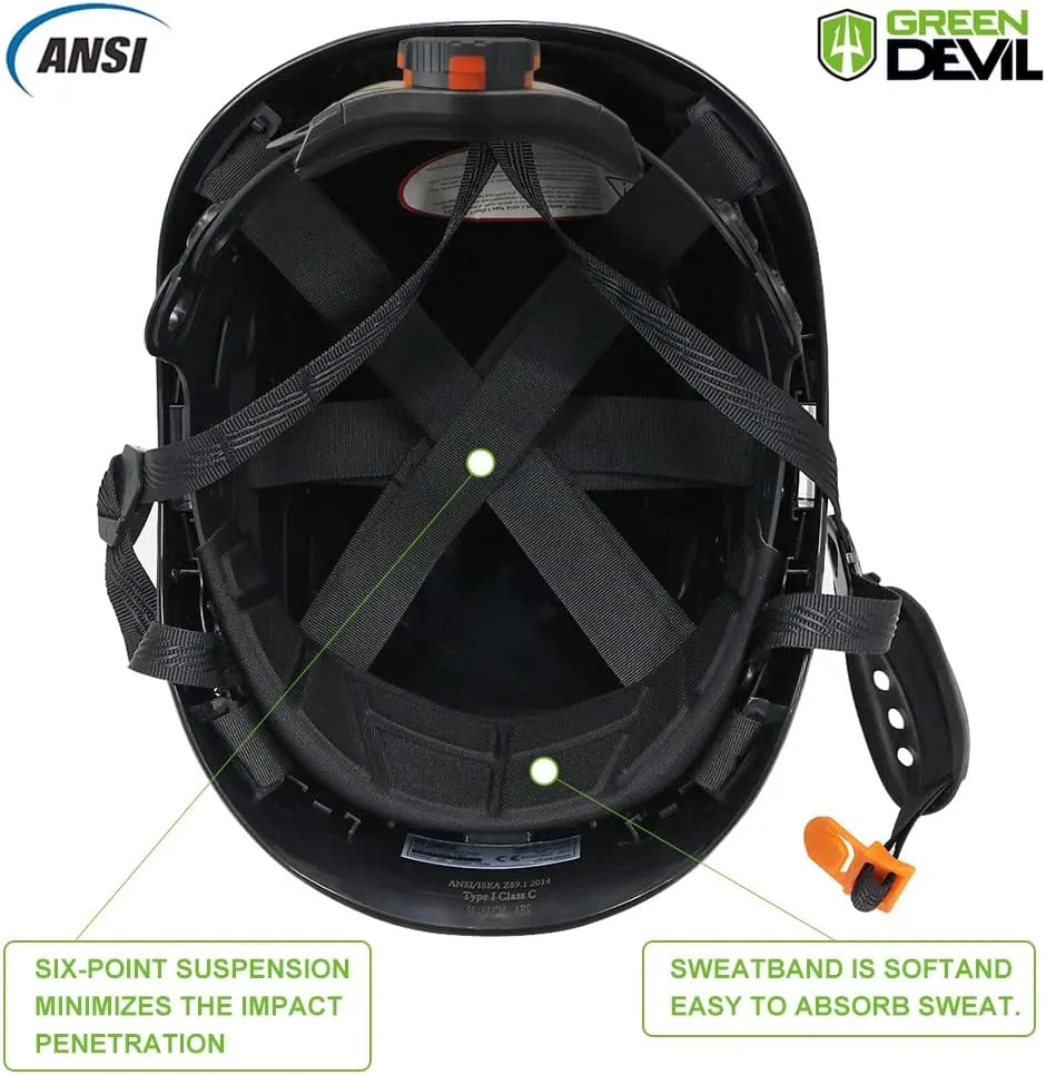 GREEN DEVIL Safety Helmet Hard Hat Adjustable Lightweight Vented ABS Work Helmet 6-Point Suspension ANSI Z89.1 Approved Ideal for Industrial & Construction