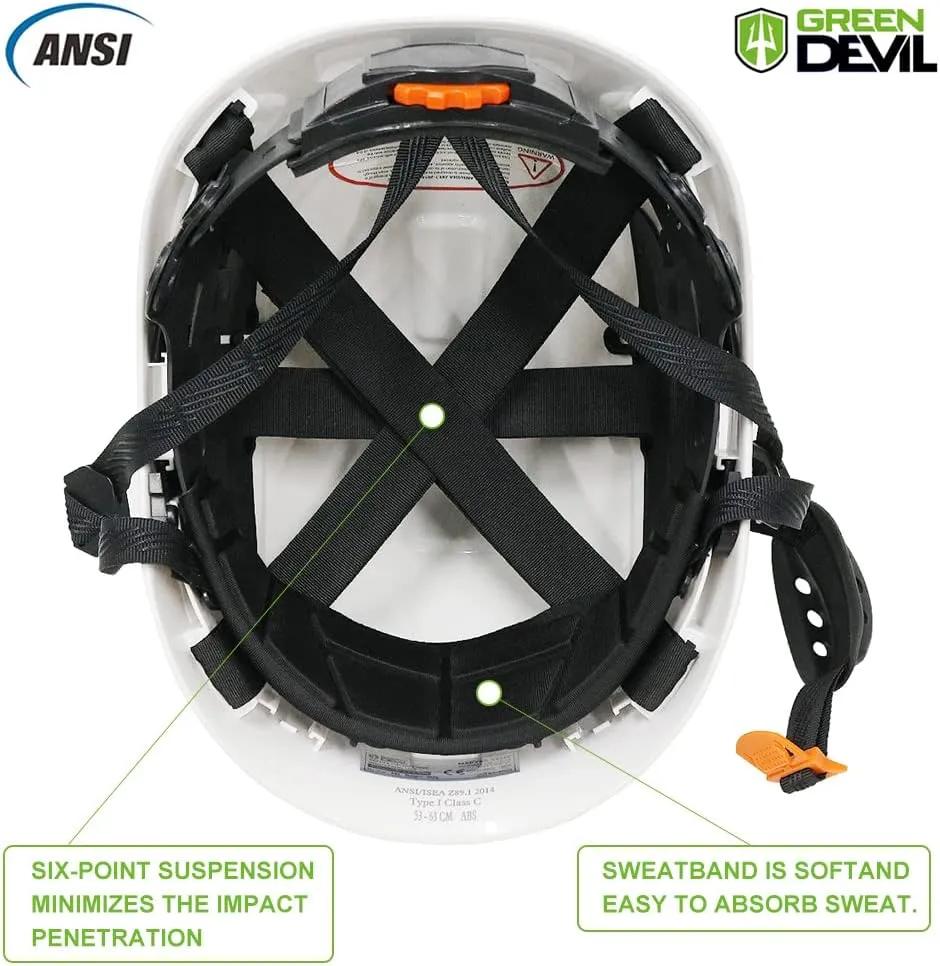 GREEN DEVIL Safety Helmet Hard Hat Adjustable Lightweight Vented ABS Work Helmet 6-Point Suspension ANSI Z89.1 Approved Ideal for Industrial & Construction