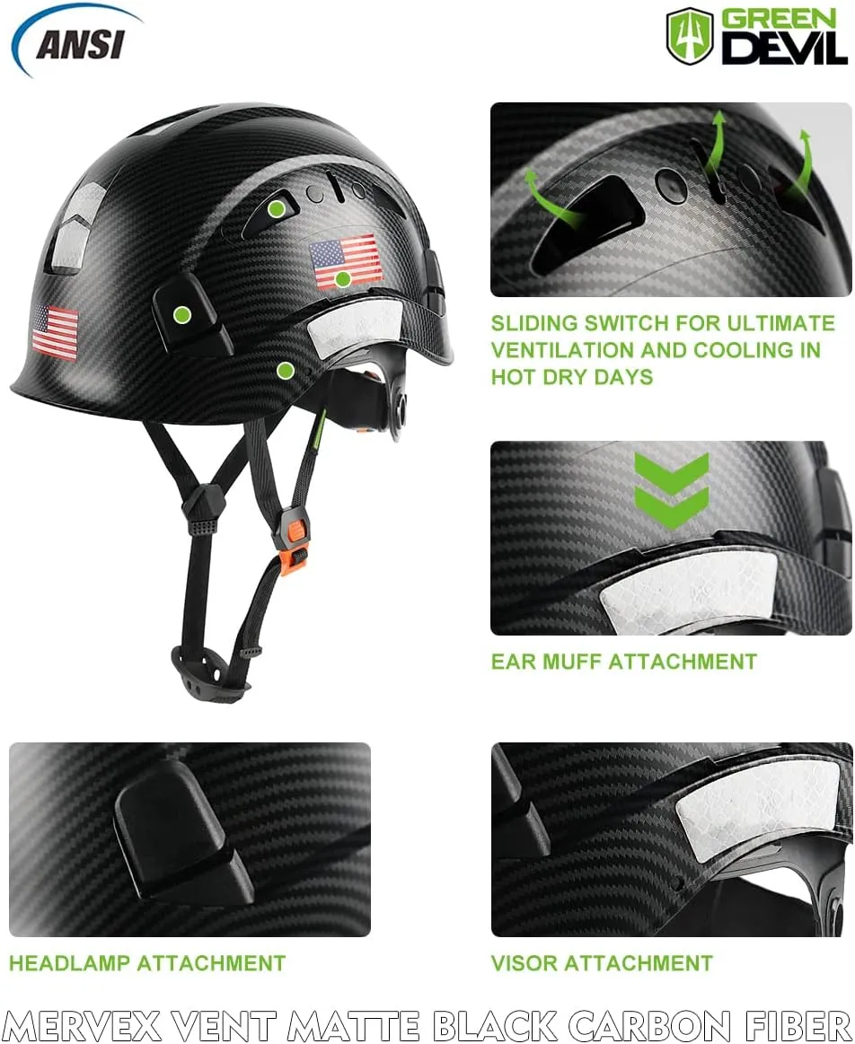 GREEN DEVIL Safety Helmet Hard Hat Adjustable Lightweight Vented ABS Work Helmet 6-Point Suspension ANSI Z89.1 Approved Ideal for Industrial & Construction